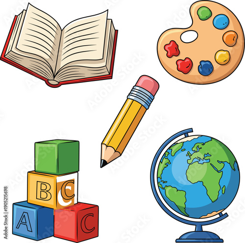 Vector illustrations of open book art palette pencil alphabet blocks and globe for education and learning concepts।