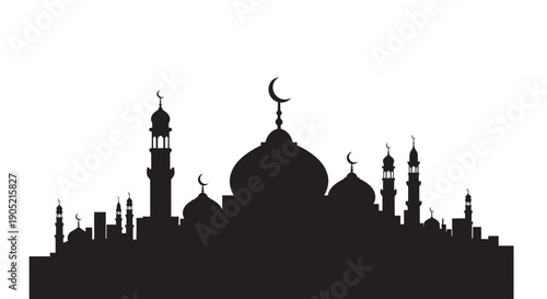 Islamic mosque silhouette with crescent moon on white background