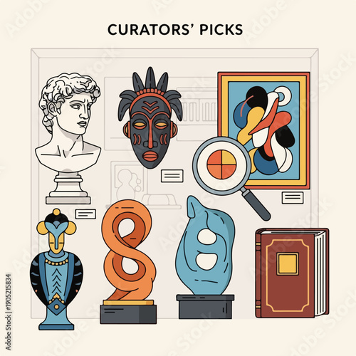 Illustration of assorted curated artistic pieces, including sculptures and a painting