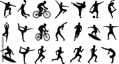 Sport athlete silhouette icon set with running jumping cycling yoga martial arts surfing fitness poses isolated vector