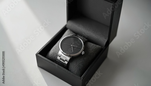 Minimalist silver watch with black dial presented in open black gift box. Timeless accessory offers refined style. Premium design for special occasions.
