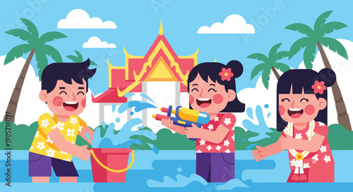 Illustration of children having fun with water guns during a festival