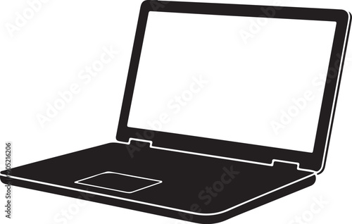 Black outlined laptop with open screen and touchpad