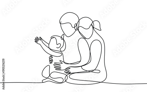 Happy Family Continuous Line Art Parents and Child Embracing