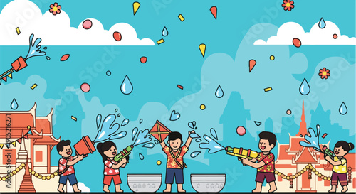 Illustration of children playing with water guns near temples