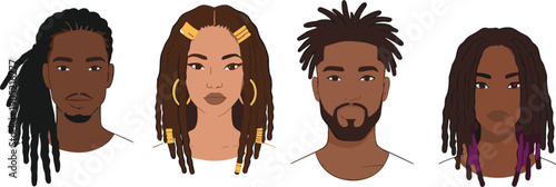 Vector illustrations of diverse people portraits featuring modern dreadlock hairstyles for fashion and identity concepts।