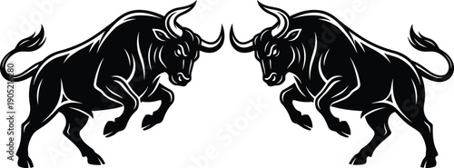 Two fighting bull silhouettes symbol of power strength confrontation business competition isolated black vector illustration