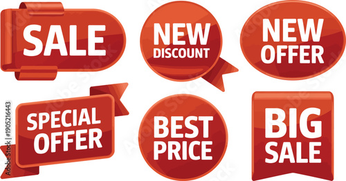 Collection of glossy red ribbon badges and labels communicate special offers, best price, and new.
