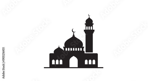 Mosque silhouette with dome and minaret on white background with copy space
