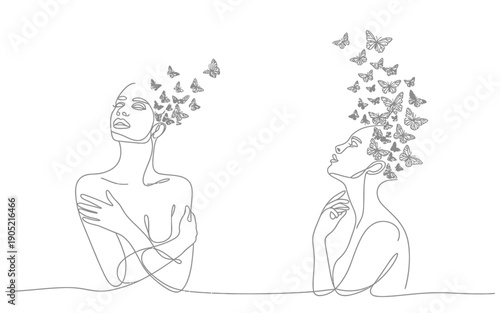 Continuous Line Art Women with Butterflies for Freedom & Growth