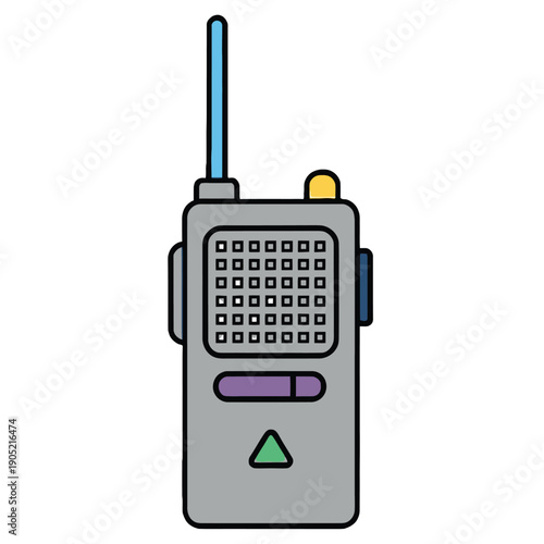 Gray walkie talkie with blue antenna and buttons