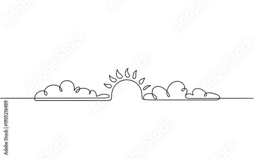 Continuous Line Art Sun Setting Behind Clouds Horizon View