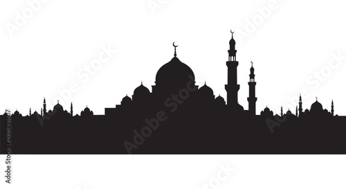 Islamic city skyline silhouette with mosque and minarets on white background