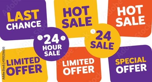 Sale signs collection uses vibrant colors and bold text to advertise limited time promotions.