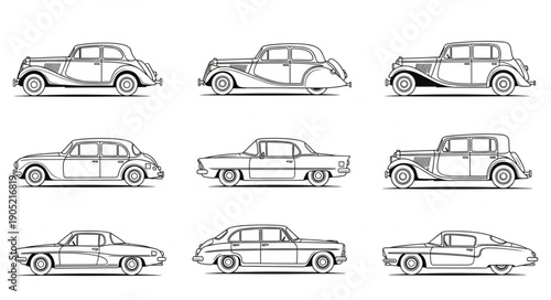 Collection of various vintage classic car illustrations in black and white sketch style.