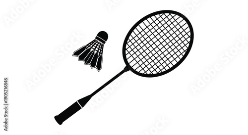Simple black and white graphic illustration of a badminton racket and shuttlecock