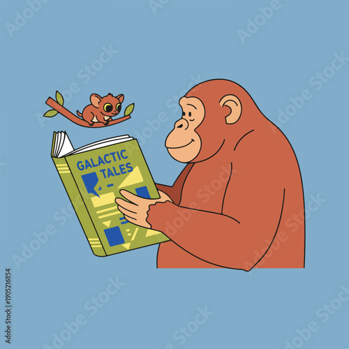 An animated orangutan happily reads a "Galactic Tales" book while a tiny creature observes from a branch overhead.