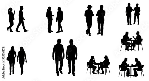 Standing People Silhouette Collection with Diverse Professions, CAD Flat Vector Illustration