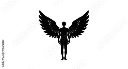 Silhouette of an angel with large wings standing upright.