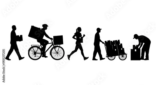 Delivery Worker Silhouette Set with Courier Carrying Boxes by Bicycle and Walking CAD Vector