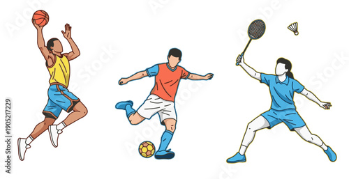 Vector illustration of athletes playing basketball, soccer, and badminton