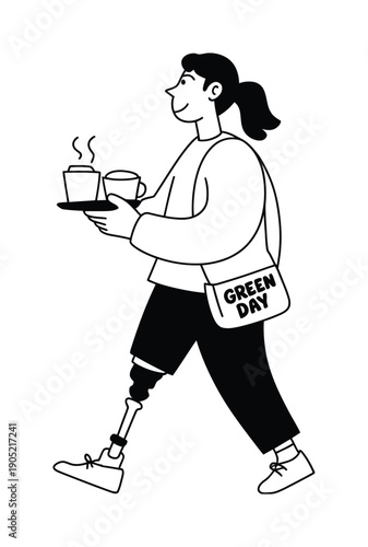 Woman with prosthetic leg carrying coffee and wearing a "Green Day" bag