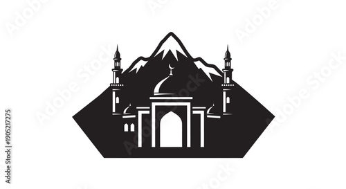 Ancient Temple Entrance with Mountains Silhouette Logo Design