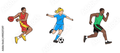 Vector illustration of athletes playing basketball, soccer, and running