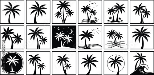 Set of minimalist palm tree silhouettes featuring various tropical island beach and ocean wave icons in black solid squares isolated on grey background