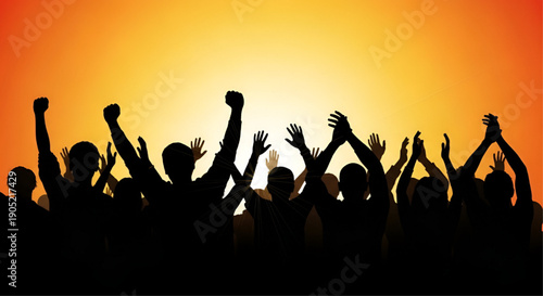 Concert Crowd Silhouette with Raised Hands, Black Flat CAD Drawing Vector Illustration