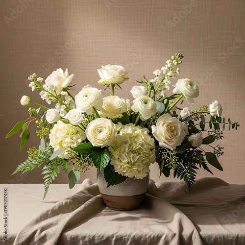 Elegant arrangement of white flowers displayed in a rustic ceramic vase