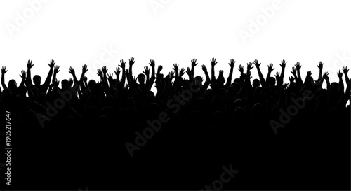 Concert Crowd Silhouette with Raised Hands, Black Flat CAD Drawing Vector Illustration