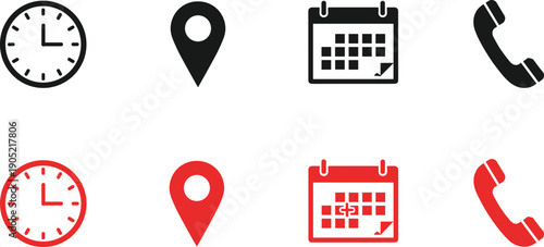 Minimalist black‑and‑red icons set featuring clock, location pin, calendar, and phone symbols representing time, place, scheduling, and communication