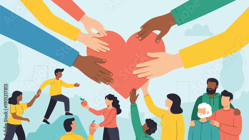 Illustration of diverse people supporting a red heart with their hands