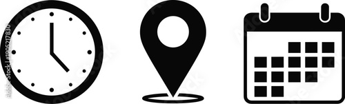 Minimalist black‑and‑white icons set featuring clock, location pin, and calendar symbols for scheduling, planning, time, date, and place