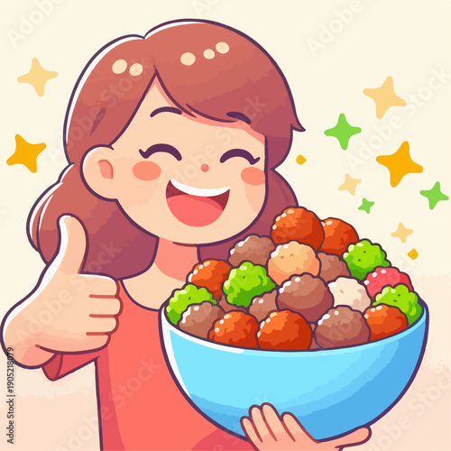 Cartoon illustration of a person carrying a bowl of meatballs with a thumbs up