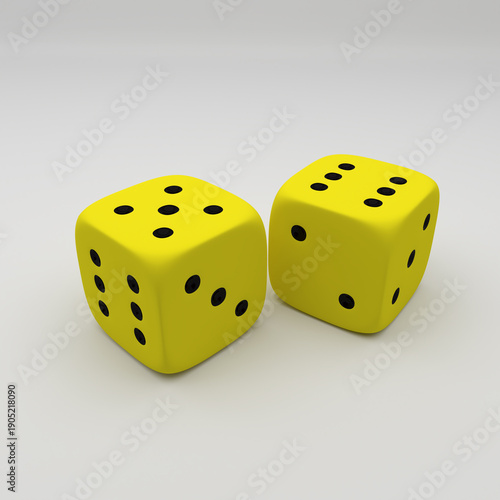 Two yellow matte dice with black dots isolated on neutral light grey background