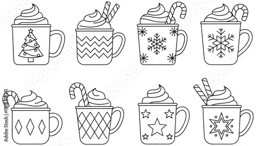Festive holiday mugs with whipped cream, candy canes, and seasonal designs, Christmas illustration set for winter crafts and decorations