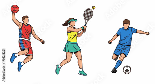 Illustration of Diverse Athletes Playing Handball, Tennis, and Soccer