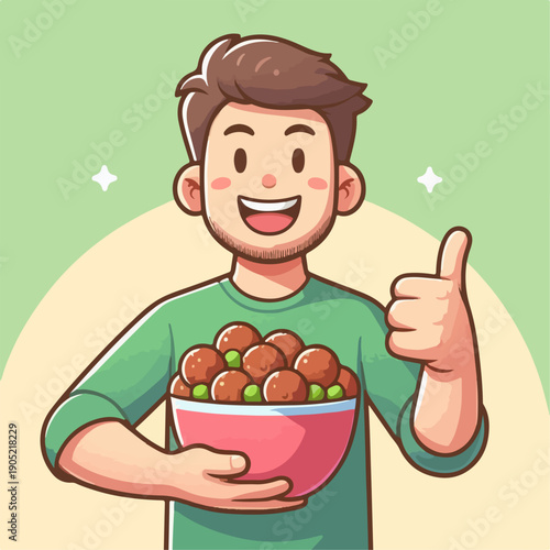 Cartoon illustration of a person carrying a bowl of meatballs with a thumbs up