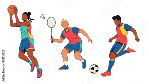 Diverse Athletes Engaging in Basketball, Badminton, and Soccer Activities