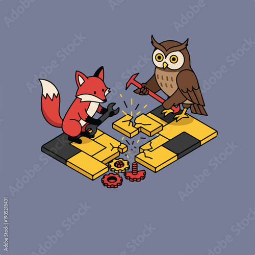 A cartoon fox with a wrench and an owl with a hammer work together to fix a broken, modular structure, scattering gears.
