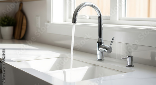 Shiny chrome faucet running water into a white sink with a soap dispenser near a window in a kitchen