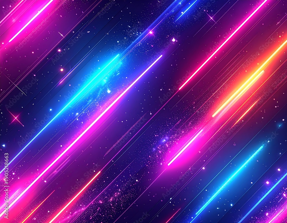 Obraz premium Diagonal neon light streaks across a starlit, dark purple cosmos