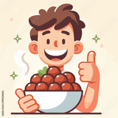 Cartoon illustration of a person carrying a bowl of meatballs with a thumbs up
