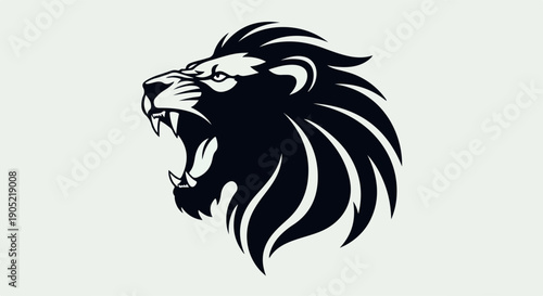 A black and white illustration of a roaring lion's head with a fierce expression and flowing mane against a light gray background.
