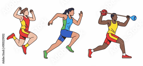 Colorful vector illustration of diverse athletes in action poses