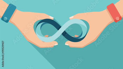 Illustration of hands holding an infinity symbol on a teal background