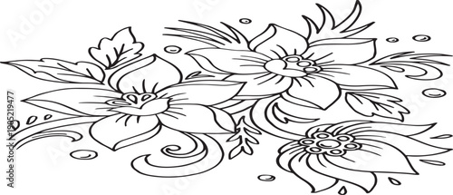 Minimalist continuous line drawing of tulip flowers in black. Flowers bouquet line art. Hand drawn of winter greenery, pine branches, vector illustration.