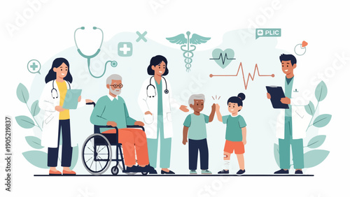 Illustration of medical professionals attending to a diverse group of patients